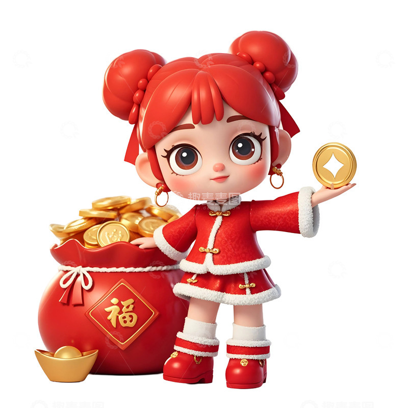 高清大图下载【趣麦麦图】红发卡通女孩微笑手持金元宝新年节庆插画