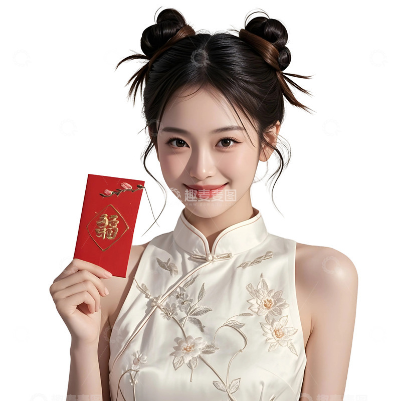 高清大图下载【趣麦麦图】穿白色旗袍少女双丸子头手持红包新年摄影图