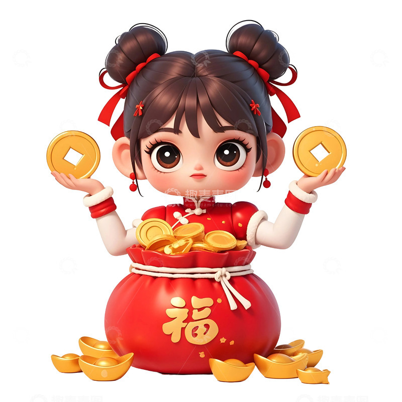 高清大图下载【趣麦麦图】卡通女孩坐在大红包旁庆祝新年贺岁插画