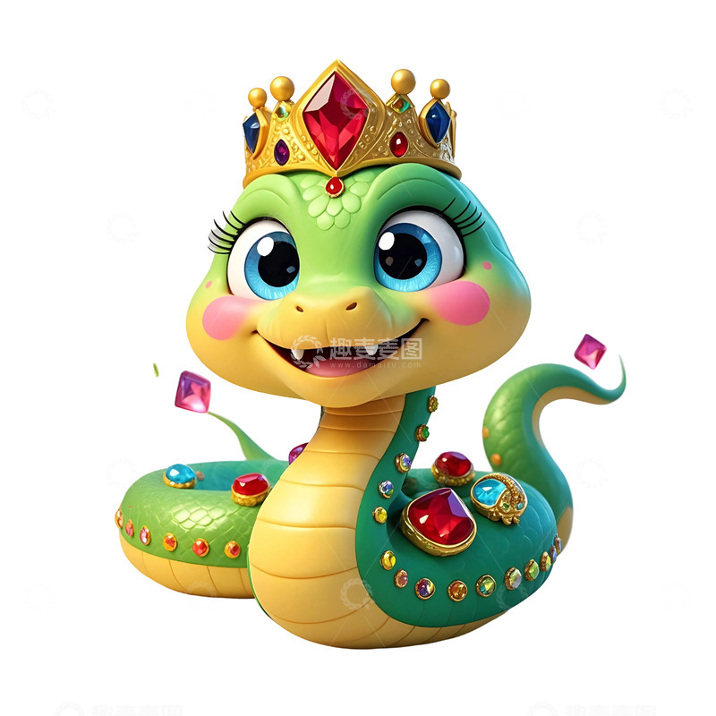 高清大图下载【趣麦麦图】金色皇冠绿蛇手持礼物贺岁节庆新年插画