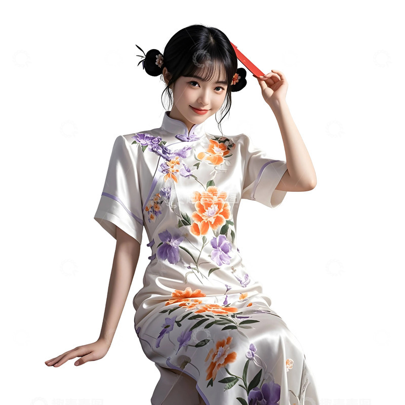 高清大图下载【趣麦麦图】穿白色旗袍少女手持红扇微笑新年节庆摄影图