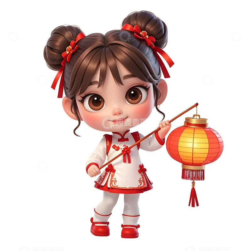 高清大图下载【趣麦麦图】手持红色灯笼的卡通女孩穿红裙新年插画