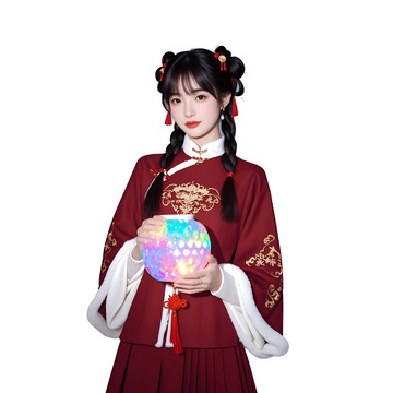 穿红白汉服少女手持彩灯传统文化新年插图