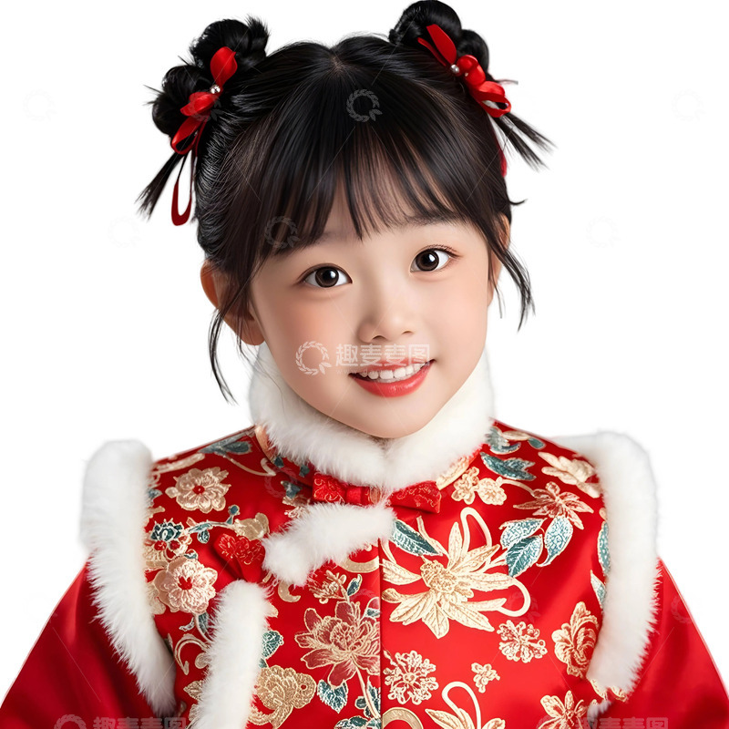 高清大图下载【趣麦麦图】穿红色旗袍小女孩双丸子头微笑新年节庆摄影