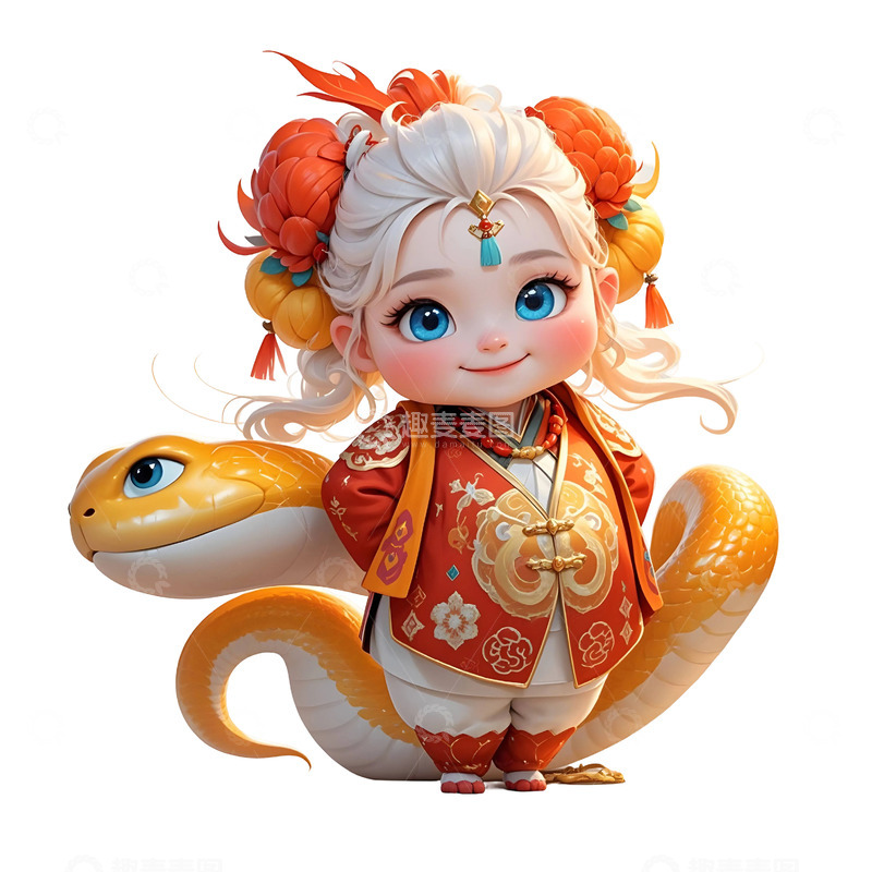 高清大图下载【趣麦麦图】汉服女孩与金色蛇传统文化新年贺岁插画