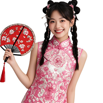 穿粉色旗袍少女手持团扇微笑新年节庆摄影图