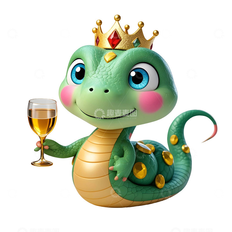 高清大图下载【趣麦麦图】手持酒杯的绿色蛇微笑新年贺岁卡通插画