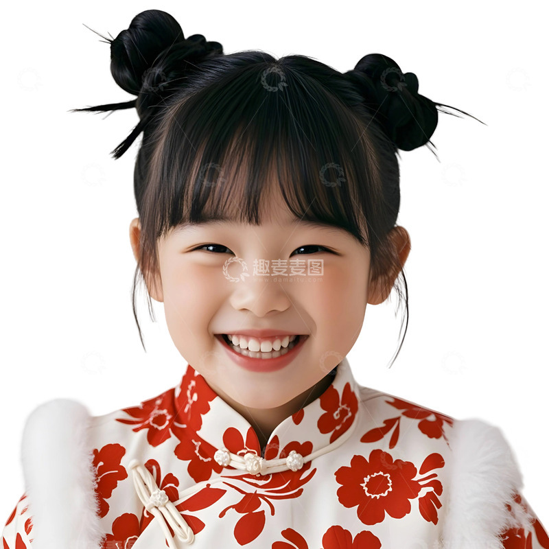 高清大图下载【趣麦麦图】穿红色旗袍的小女孩笑容灿烂新年节庆摄影