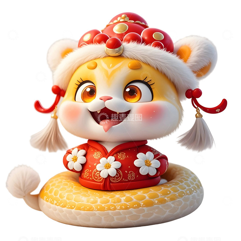 高清大图下载【趣麦麦图】戴红色花冠的金色蛇新年喜庆贺岁插画