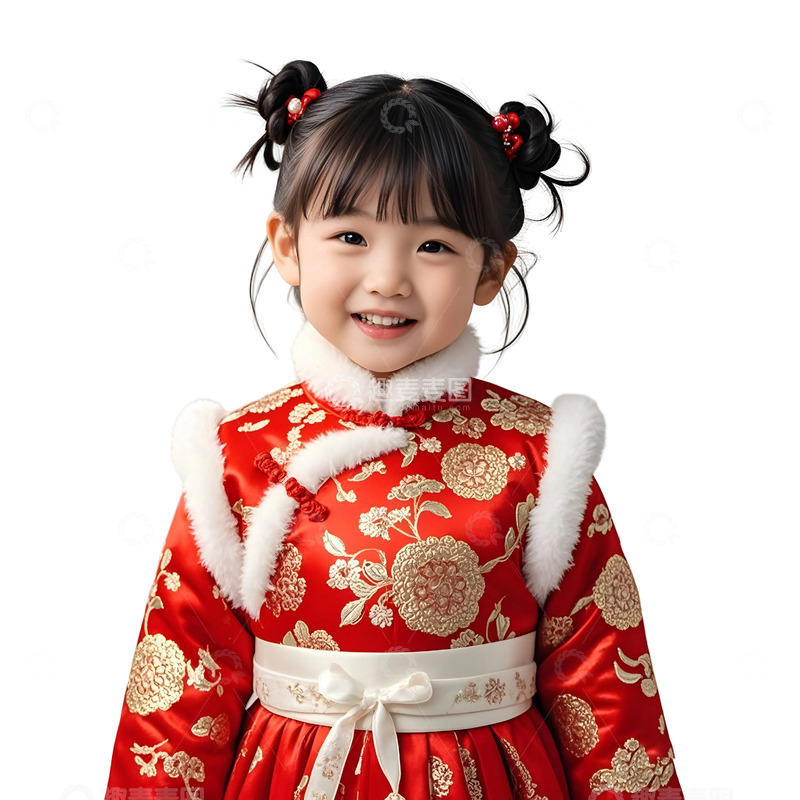 高清大图下载【趣麦麦图】穿红色汉服的小女孩微笑新年节庆摄影