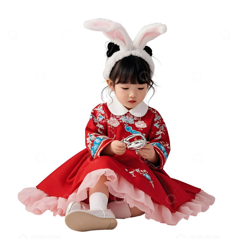 高清大图下载【趣麦麦图】穿兔年装扮的小女孩坐姿微笑新年贺岁插图