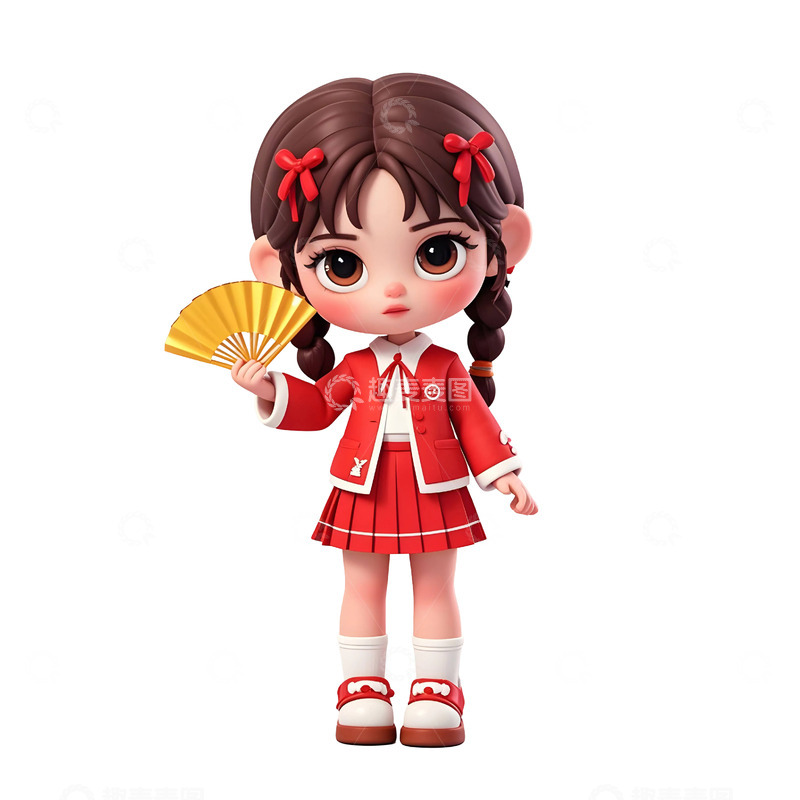 高清大图下载【趣麦麦图】穿红色裙装的卡通女孩手持团扇新年节庆插图