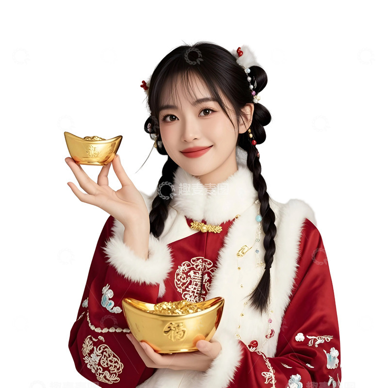 高清大图下载【趣麦麦图】穿红色汉服小女孩手持金元宝微笑新年摄影