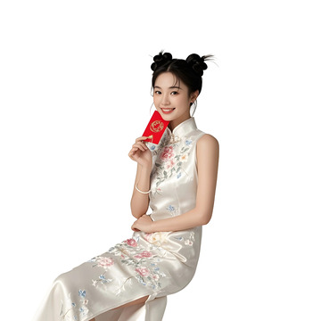穿红白服饰少女坐姿手持红包新年传统文化图