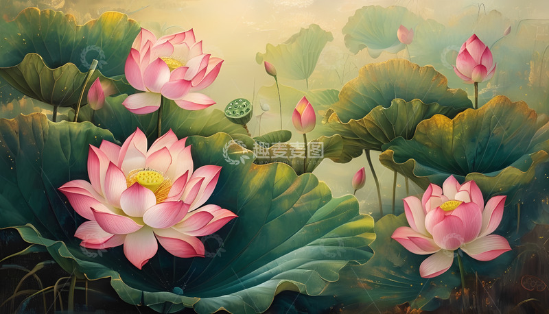 高清大图下载【趣麦麦图】荷花荷叶画粉色