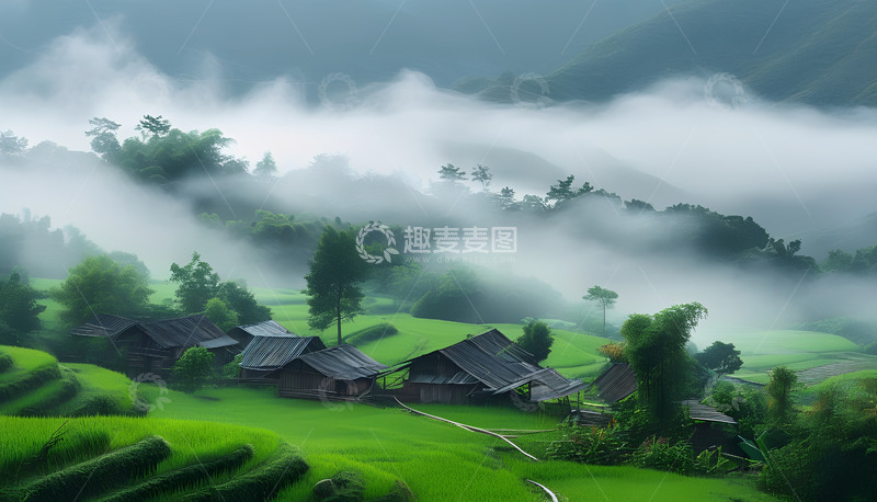 高清大图下载【趣麦麦图】云雾农村庄家