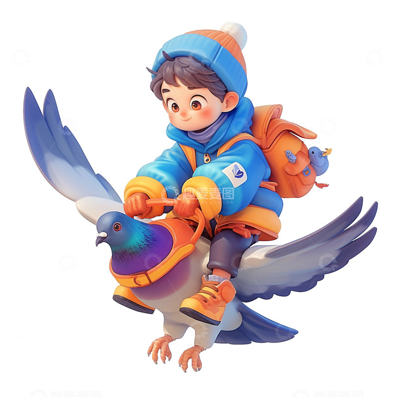 高清大图下载【趣麦麦图】卡通简约骑着鸽子上学