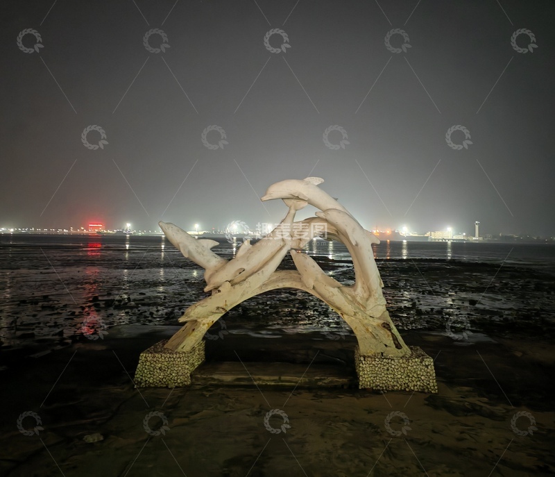 高清大图下载【趣麦麦图】夜色海边雕塑艺术