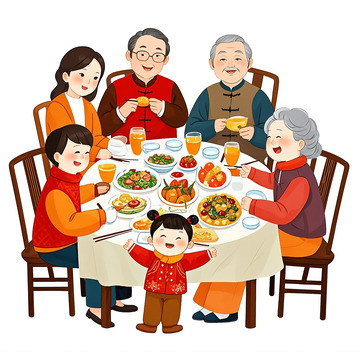一家人穿着中式服装一起吃年夜饭