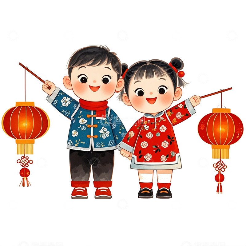 高清大图下载【趣麦麦图】男孩女孩搞笑的拿着灯笼