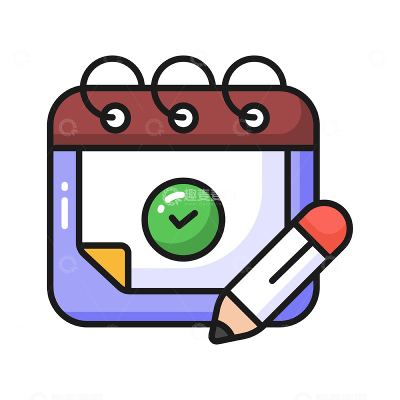 源文件下载【趣麦麦图】卡通日历上的绿勾与铅笔