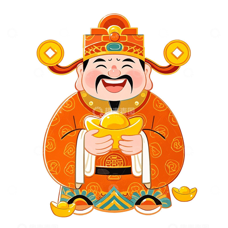高清大图下载【趣麦麦图】手绘财神爷手拿金元宝