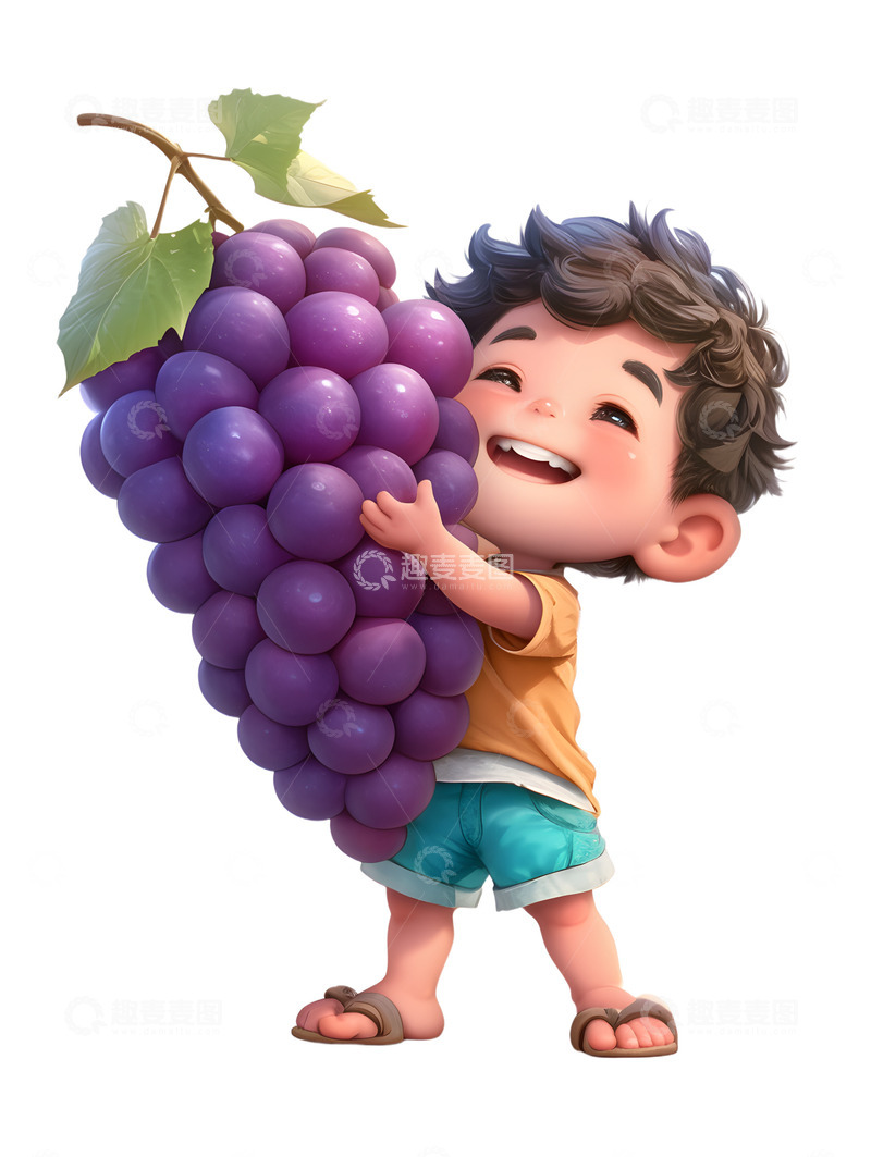 高清大图下载【趣麦麦图】可爱的小男孩抱着紫色葡萄