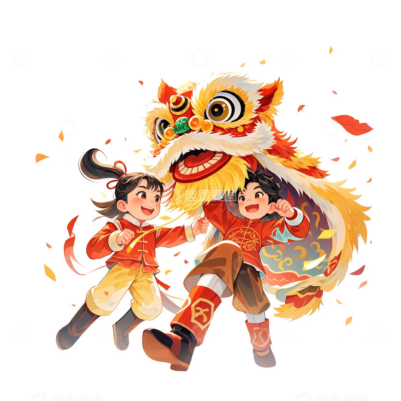 高清大图下载【趣麦麦图】手绘风格儿童舞狮子