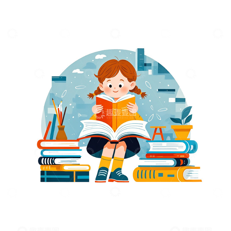 高清大图下载【趣麦麦图】小女孩坐着看着书