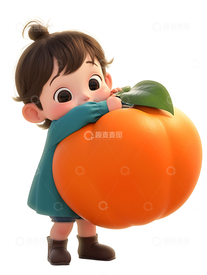 高清大图下载【趣麦麦图】小孩抱着一个大柿子