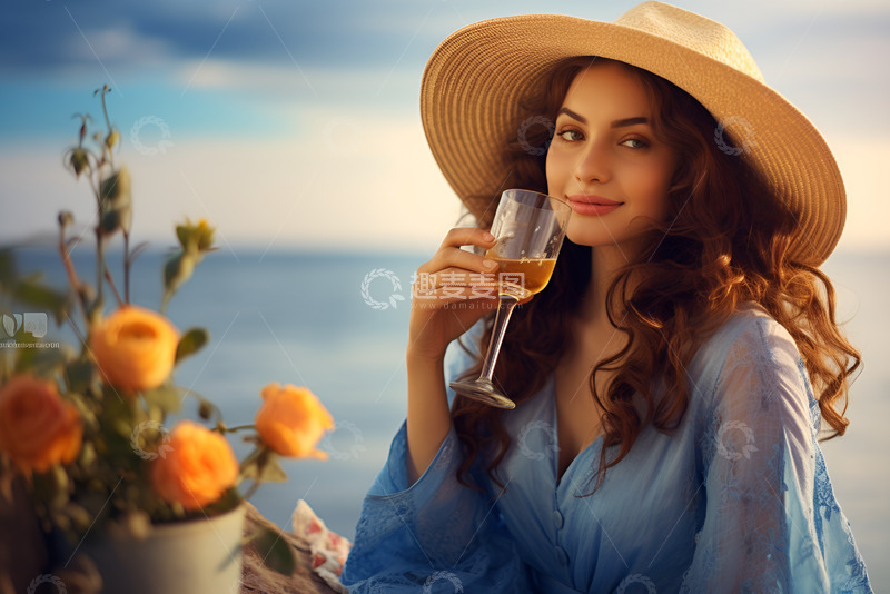 高清大图下载【趣麦麦图】大海边喝着果汁的美女