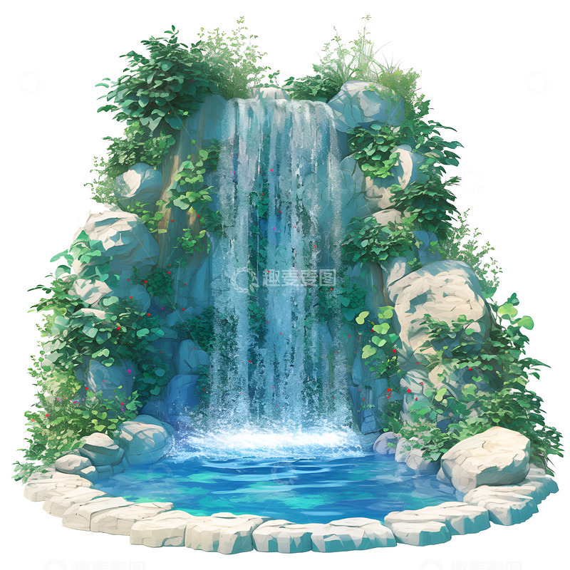 高清大图下载【趣麦麦图】卡通简约瀑布水潭