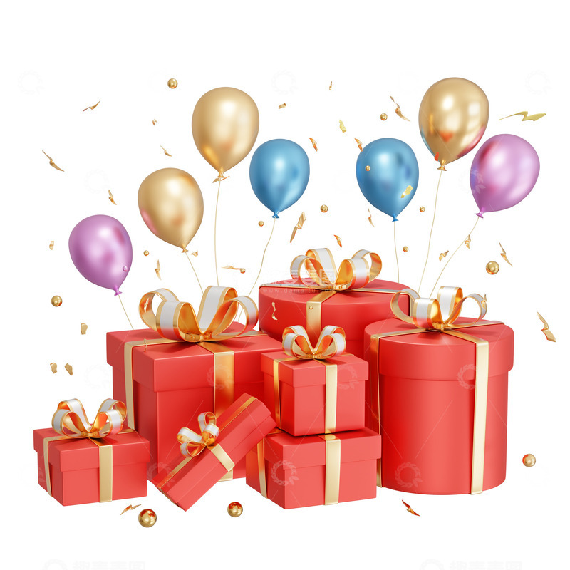 源文件下载【趣麦麦图】节日活动红色气球礼品盒堆3D礼盒素材