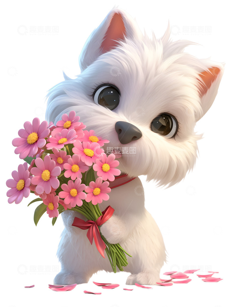 高清大图下载【趣麦麦图】卡通小狗抱着花束