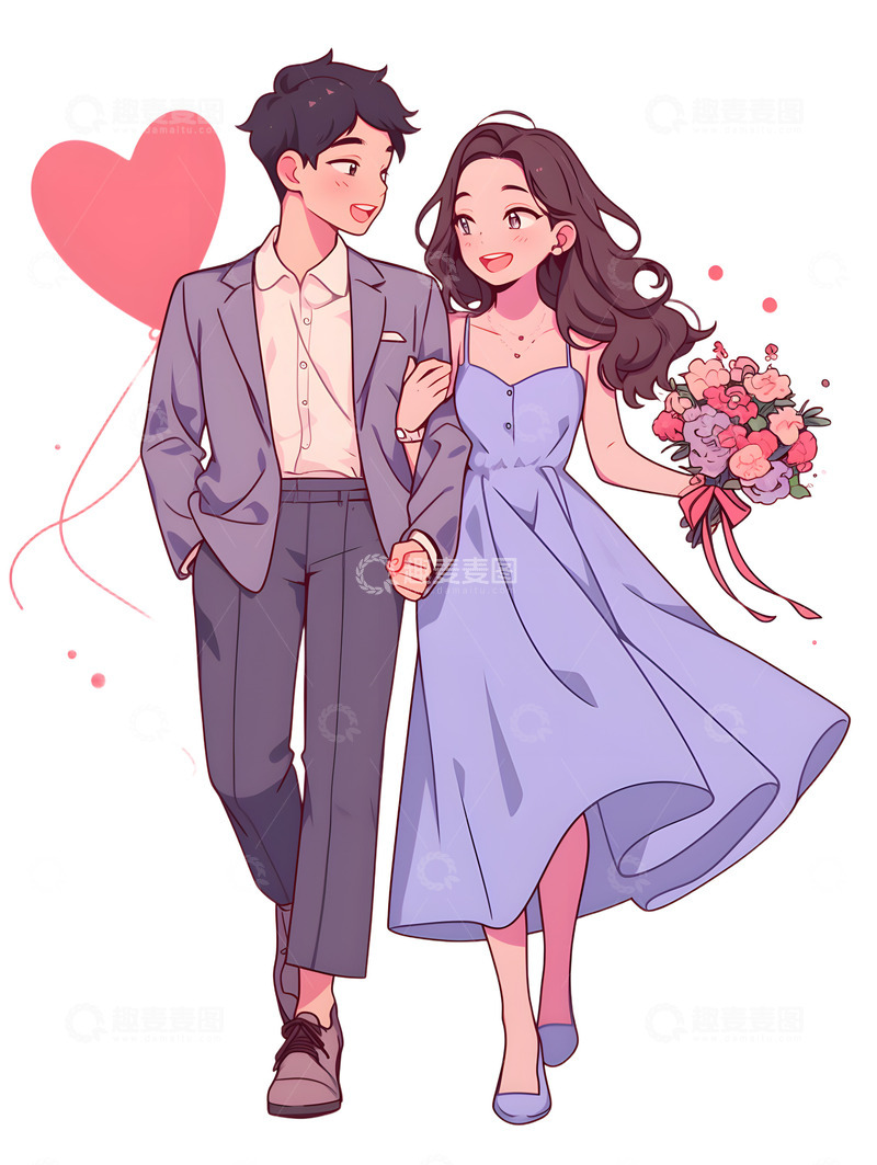高清大图下载【趣麦麦图】花束情人节卡通情侣