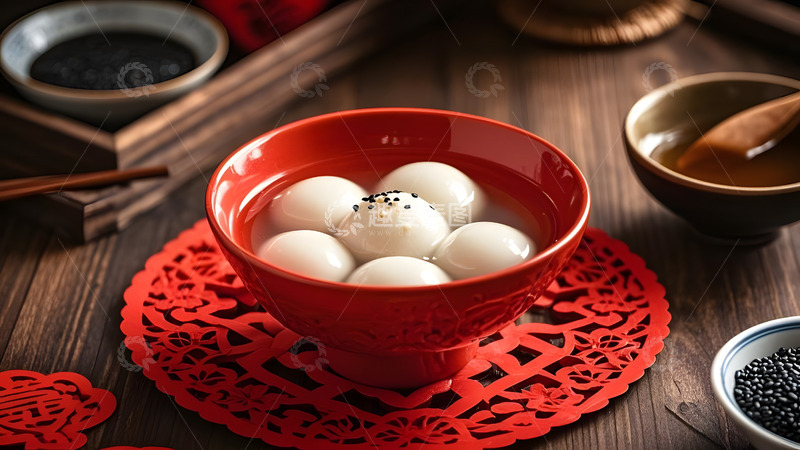 高清大图下载【趣麦麦图】红色碗中盛放的汤圆节日气氛浓厚的中式甜品
