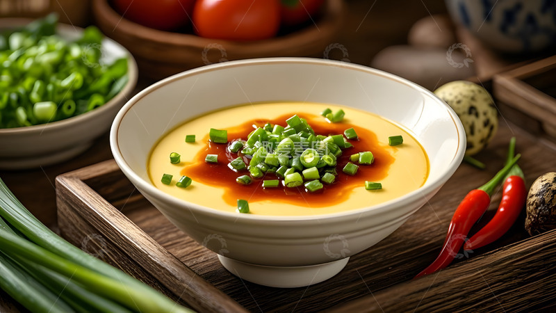 高清大图下载【趣麦麦图】农家风味水蒸蛋搭配新鲜食材的家常美味