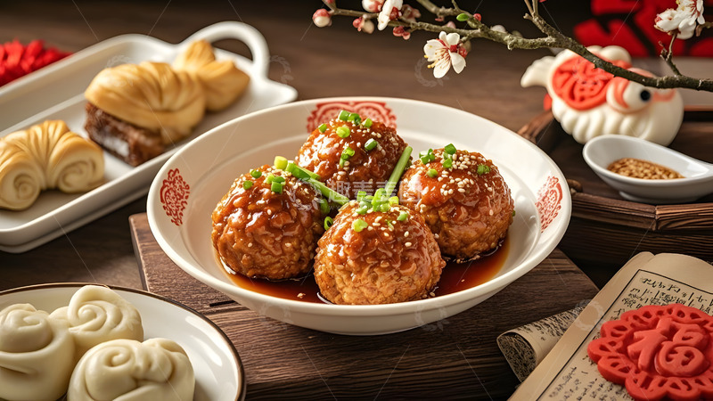 高清大图下载【趣麦麦图】中式红烧狮子头配梅花装饰的新年家宴美食