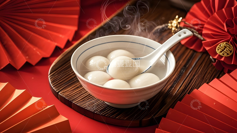 高清大图下载【趣麦麦图】红色背景映衬下的中式汤圆传统节日甜品美食