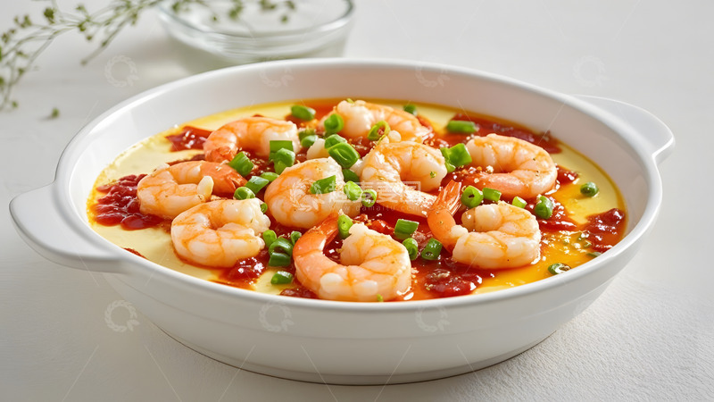 高清大图下载【趣麦麦图】鲜虾点缀的中式水蒸蛋养生美食精美摆盘