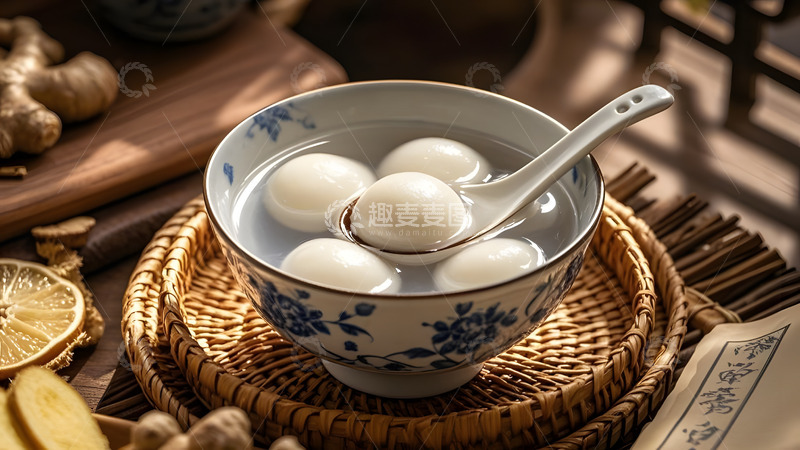 高清大图下载【趣麦麦图】手工制作的中式汤圆搭配传统竹编美食摄影