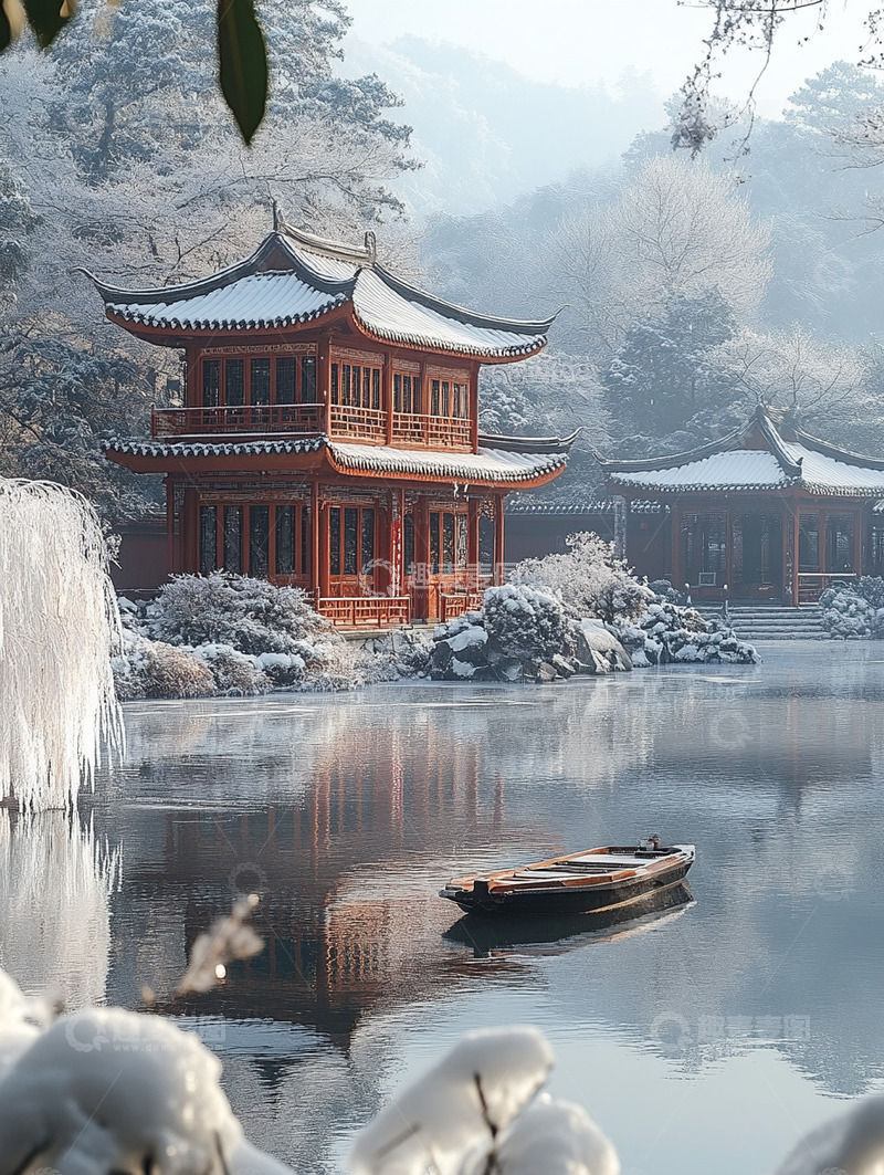 高清大图下载【趣麦麦图】冬季湖边楼阁美景