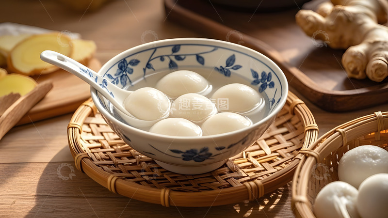 高清大图下载【趣麦麦图】蓝白瓷碗盛装中式传统汤圆家庭甜品摄影