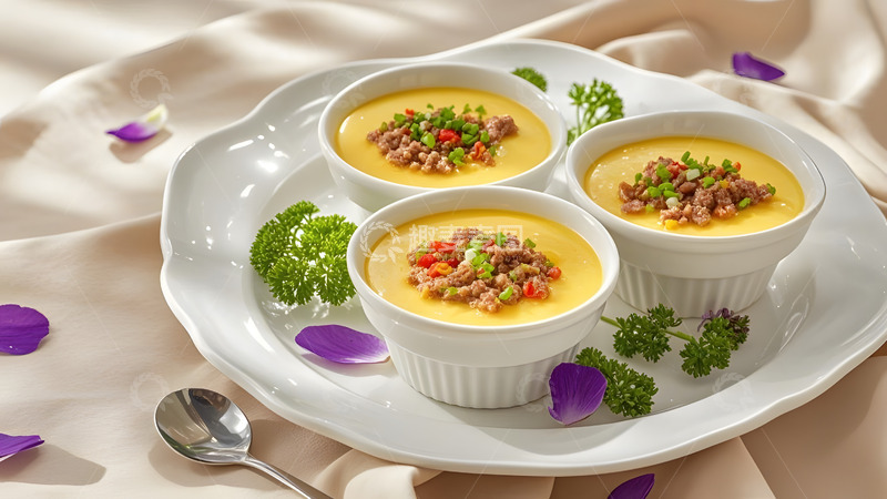 高清大图下载【趣麦麦图】三份精致摆盘水蒸蛋健康早餐美食摄影