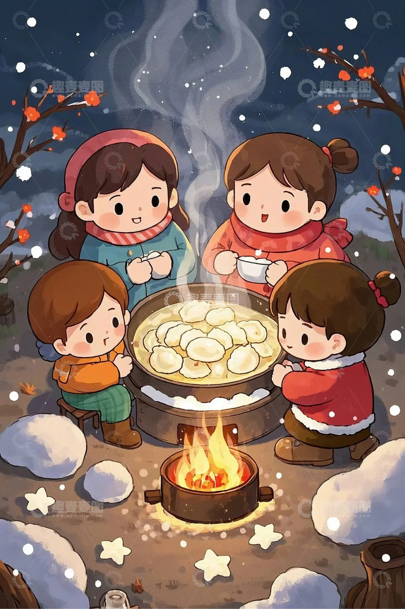 高清大图下载【趣麦麦图】冬至雪景饺子背景
