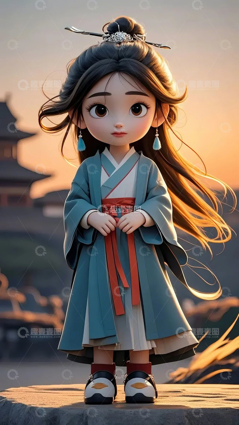 高清大图下载【趣麦麦图】卡通少女夕阳背景