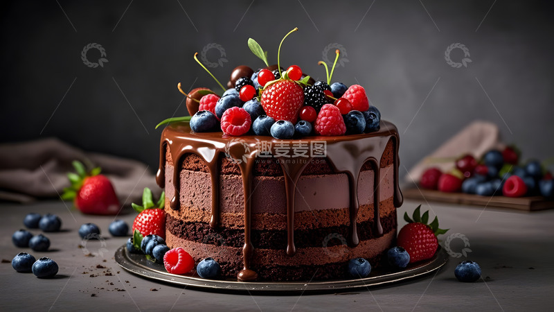 高清大图下载【趣麦麦图】浆果组合装饰的巧克力滴浆蛋糕精美甜点摄影