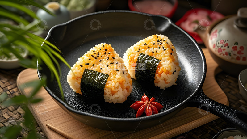 高清大图下载【趣麦麦图】铁锅中煎制的日式香脆饭团健康创意美食