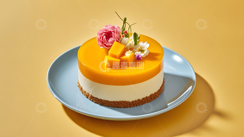 高清大图下载【趣麦麦图】明亮黄色背景上的芒果慕斯蛋糕创意甜点摄影