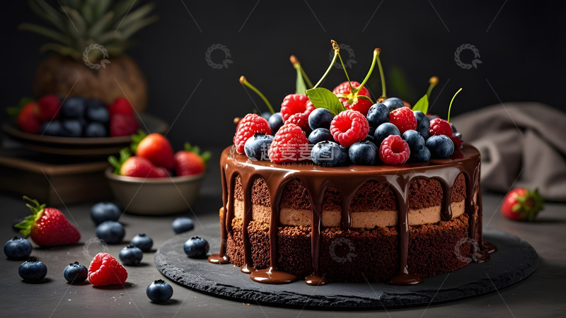 高清大图下载【趣麦麦图】樱桃草莓装饰的巧克力蛋糕节庆派对甜品摄影
